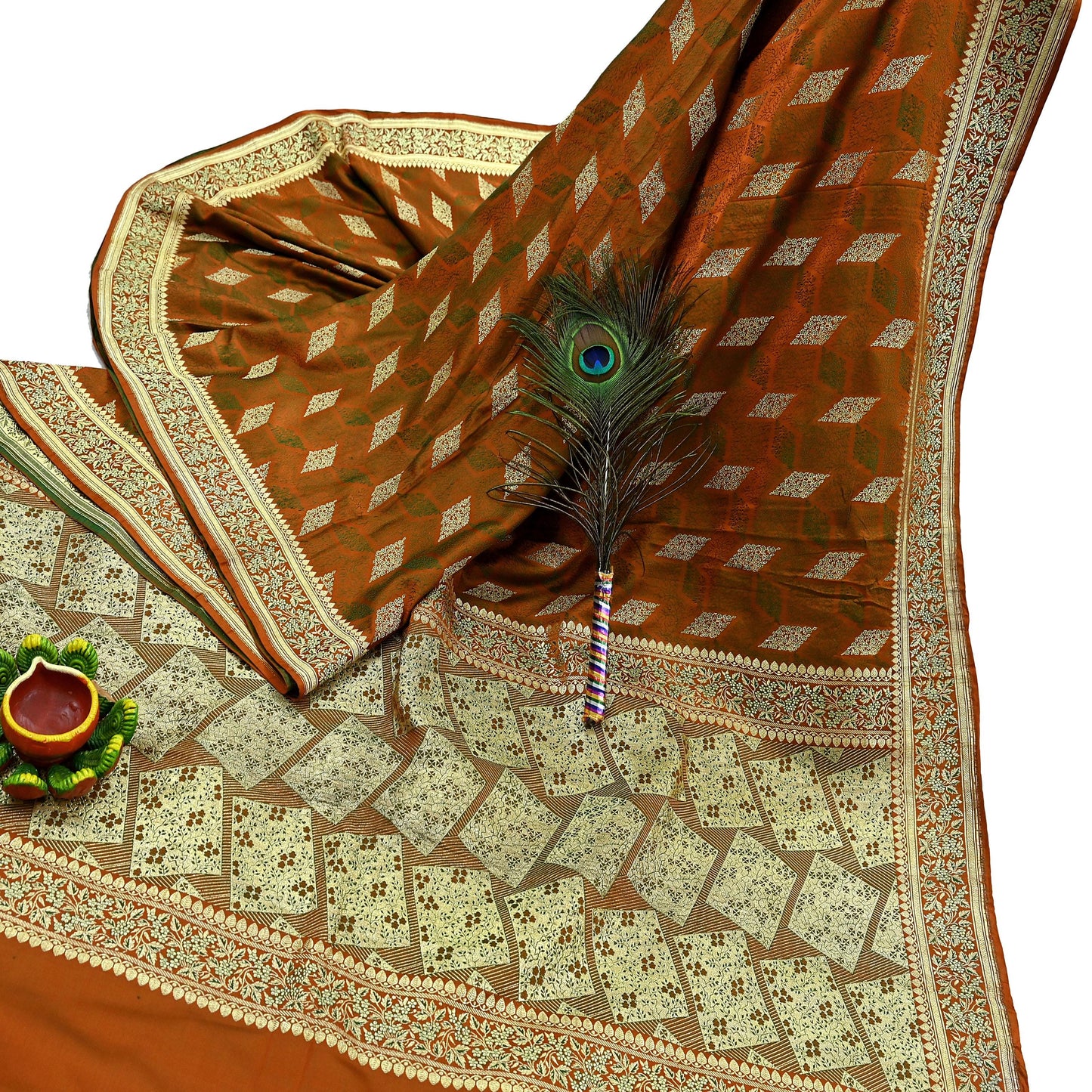 Indian Vintage Sari Saffron Heavy Wedding Pure Satin Silk Woven Banarasi Brocade Saree Golden Zari 5Yd Dress making Crafting Upcycle