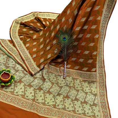 Indian Vintage Sari Saffron Heavy Wedding Pure Satin Silk Woven Banarasi Brocade Saree Golden Zari 5Yd Dress making Crafting Upcycle