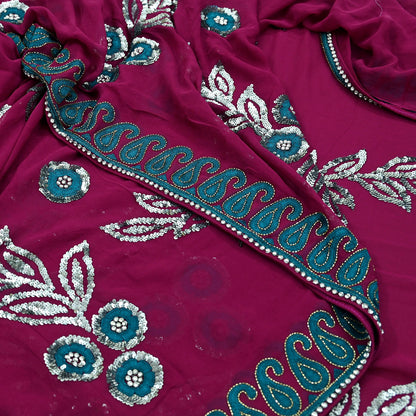 Indian Vintage Heavy Sari Maroon Pure Georgette Silk Hand Embroidered Sarees Craft Fabric 5Yd Sewing Ethnic Sequins Wedding Blouse Fabric