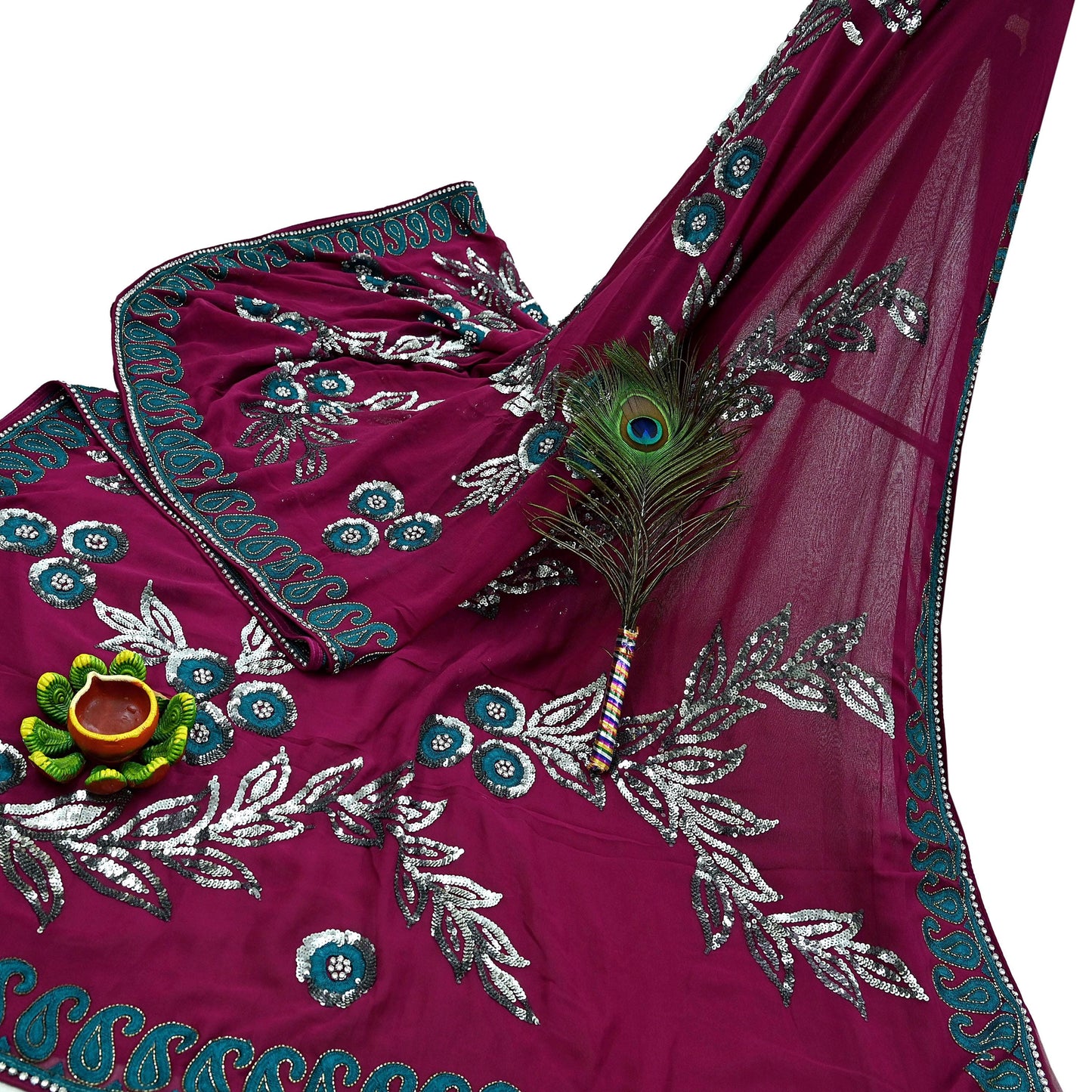 Indian Vintage Heavy Sari Maroon Pure Georgette Silk Hand Embroidered Sarees Craft Fabric 5Yd Sewing Ethnic Sequins Wedding Blouse Fabric