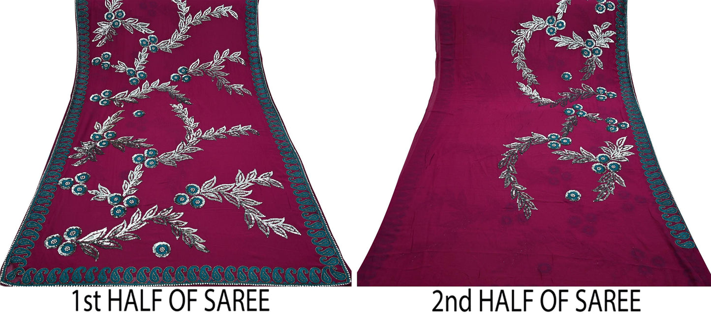 Indian Vintage Heavy Sari Maroon Pure Georgette Silk Hand Embroidered Sarees Craft Fabric 5Yd Sewing Ethnic Sequins Wedding Blouse Fabric