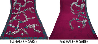 Indian Vintage Heavy Sari Maroon Pure Georgette Silk Hand Embroidered Sarees Craft Fabric 5Yd Sewing Ethnic Sequins Wedding Blouse Fabric