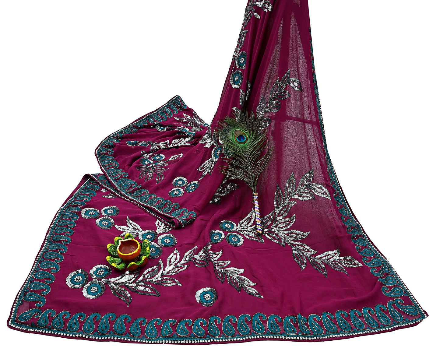 Indian Vintage Heavy Sari Maroon Pure Georgette Silk Hand Embroidered Sarees Craft Fabric 5Yd Sewing Ethnic Sequins Wedding Blouse Fabric