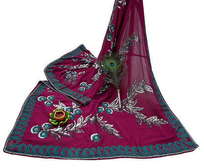 Indian Vintage Heavy Sari Maroon Pure Georgette Silk Hand Embroidered Sarees Craft Fabric 5Yd Sewing Ethnic Sequins Wedding Blouse Fabric