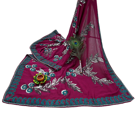 Indian Vintage Heavy Sari Maroon Pure Georgette Silk Hand Embroidered Sarees Craft Fabric 5Yd Sewing Ethnic Sequins Wedding Blouse Fabric