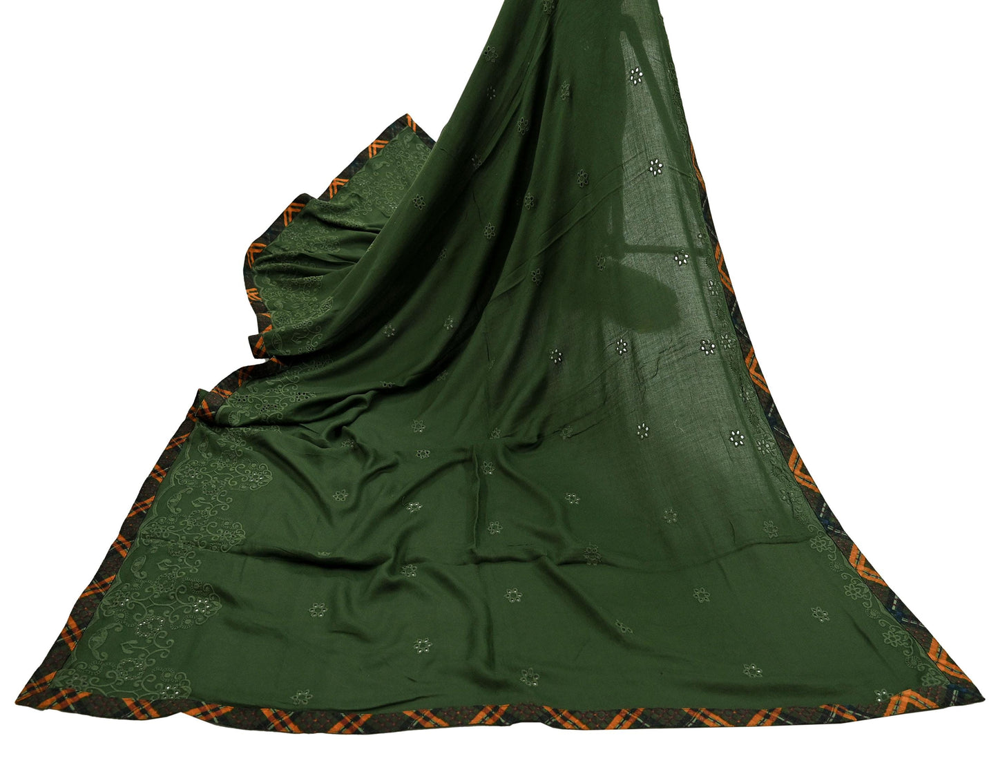 Indian Teal Green Vintage Dupatta Long Stole Hand Embroidered Blend Cotton Scarf Veil Soft Floral