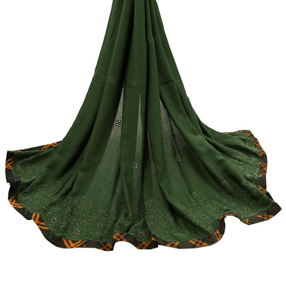 Indian Teal Green Vintage Dupatta Long Stole Hand Embroidered Blend Cotton Scarf Veil Soft Floral