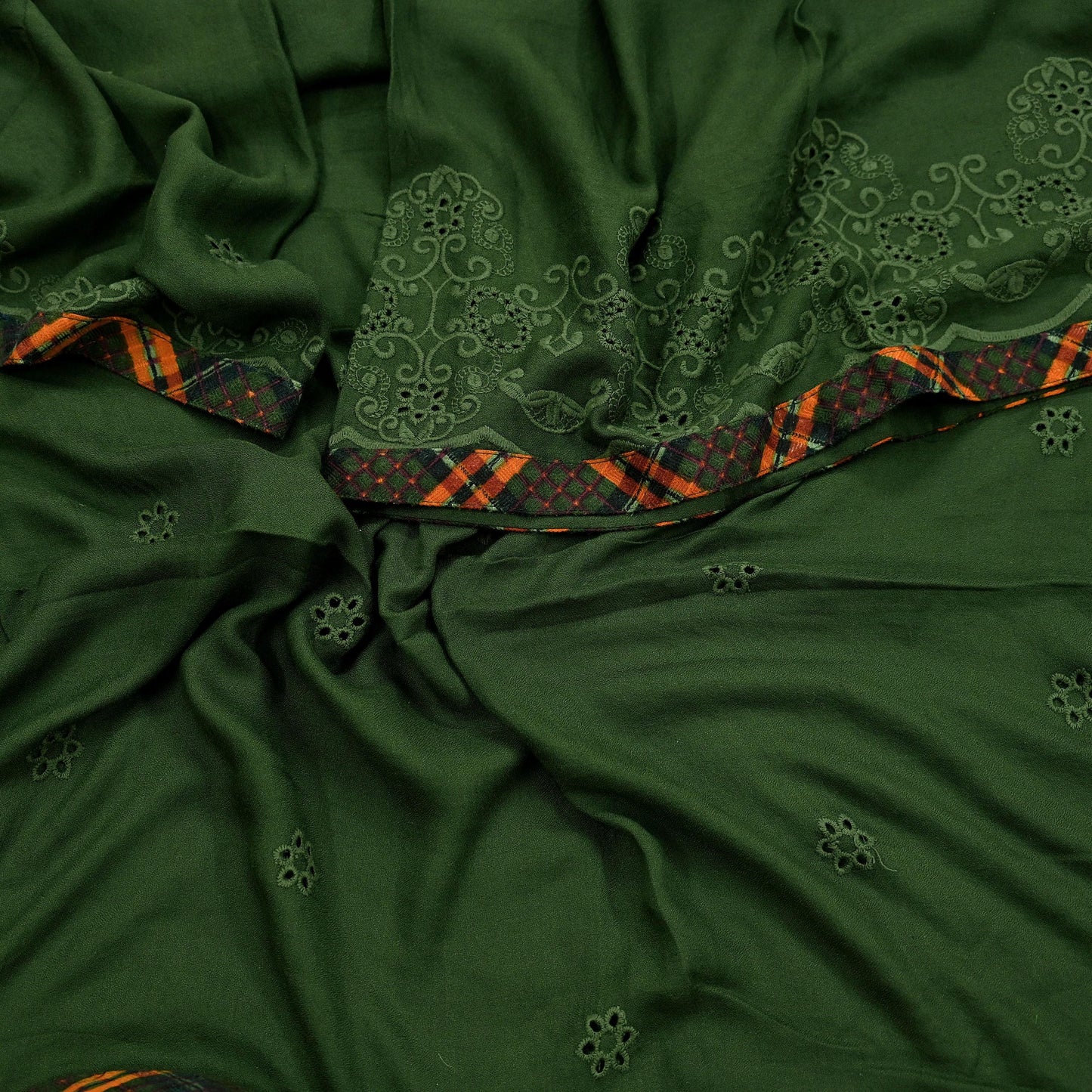 Indian Teal Green Vintage Dupatta Long Stole Hand Embroidered Blend Cotton Scarf Veil Soft Floral