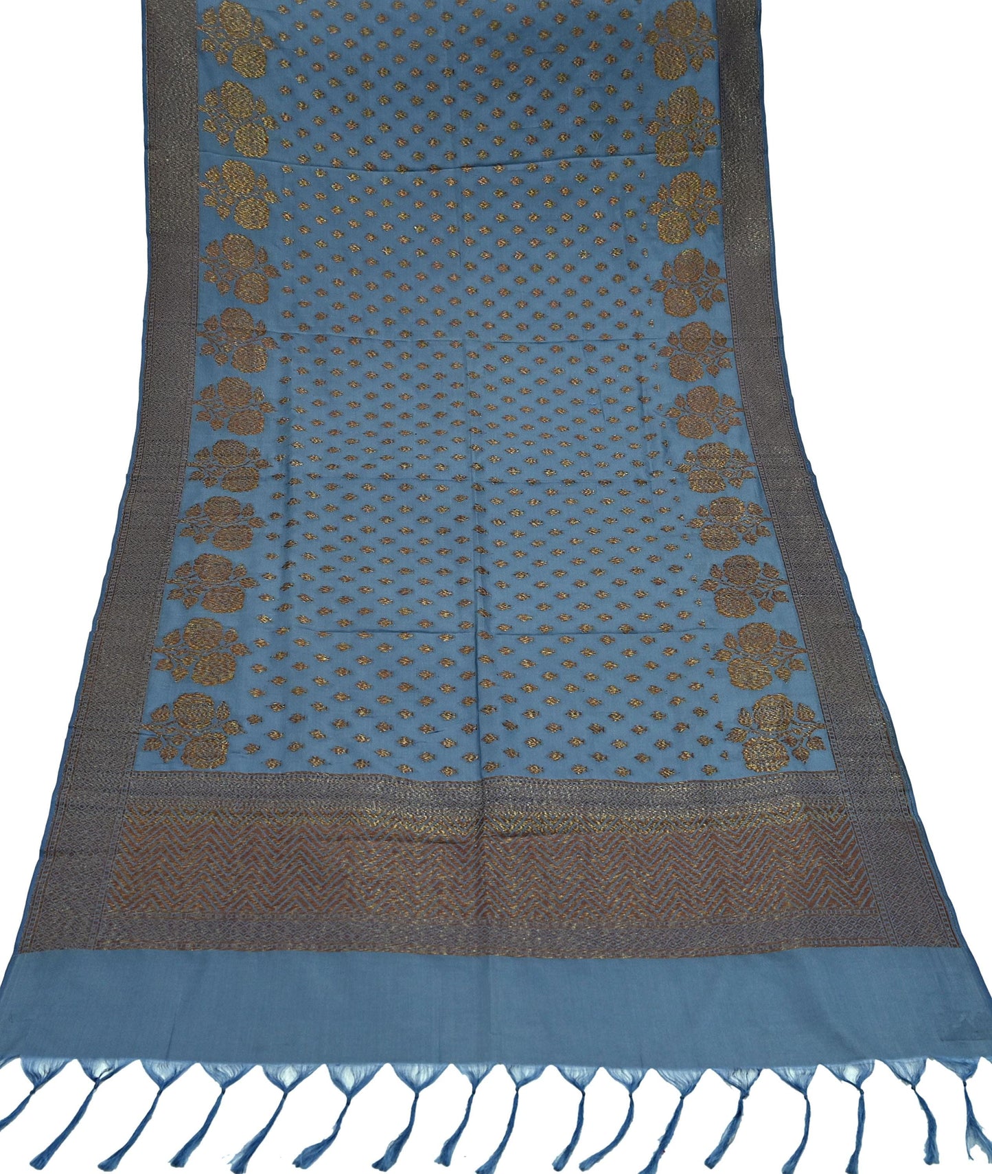 Indian Vintage Blue Dupatta Long Stole Artificial Silk Woven Brocade Scarves Veil Scarf Wrap Hippie Boho Soft Floral Fringes