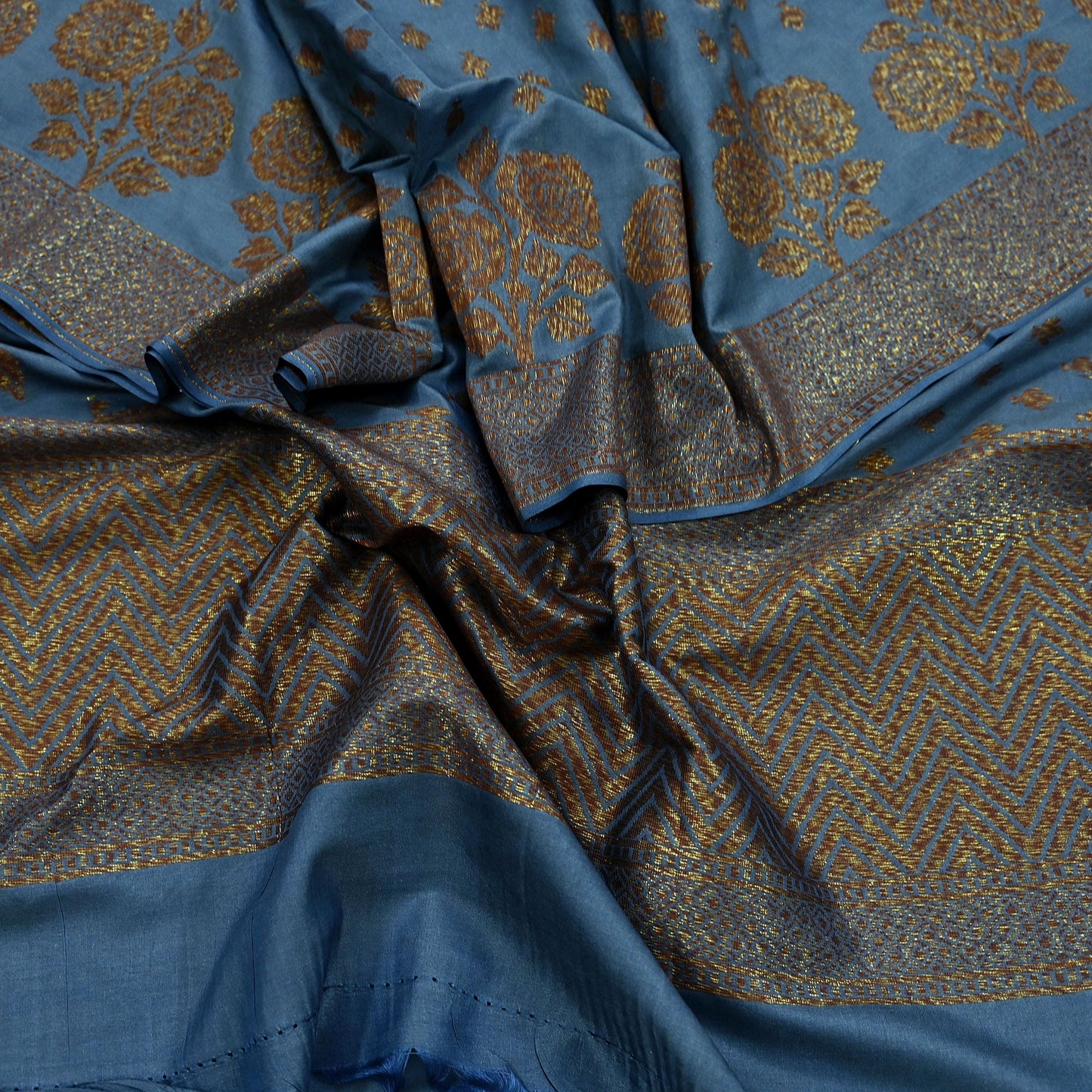 Indian Vintage Blue Dupatta Long Stole Artificial Silk Woven Brocade Scarves Veil Scarf Wrap Hippie Boho Soft Floral Fringes