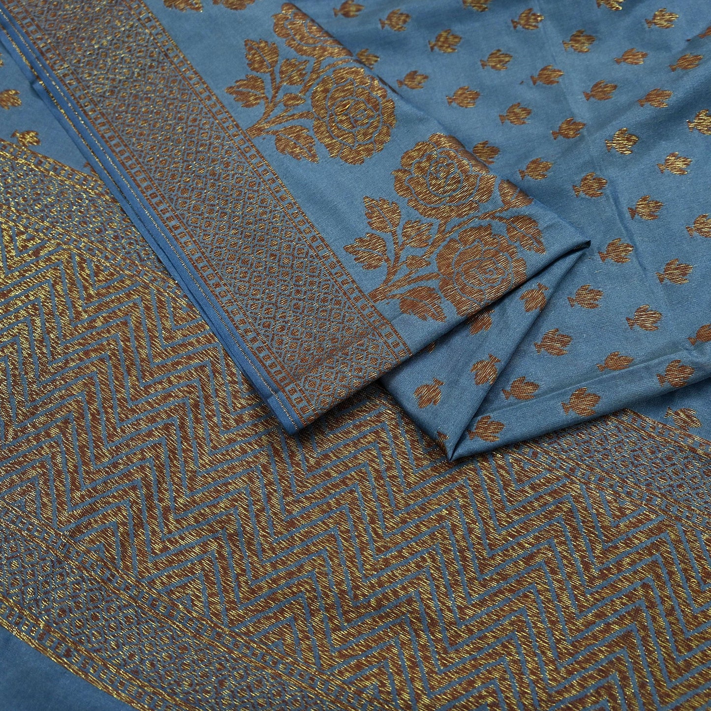 Indian Vintage Blue Dupatta Long Stole Artificial Silk Woven Brocade Scarves Veil Scarf Wrap Hippie Boho Soft Floral Fringes