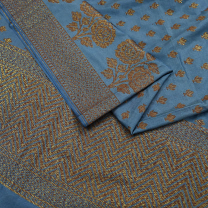 Indian Vintage Blue Dupatta Long Stole Artificial Silk Woven Brocade Scarves Veil Scarf Wrap Hippie Boho Soft Floral Fringes