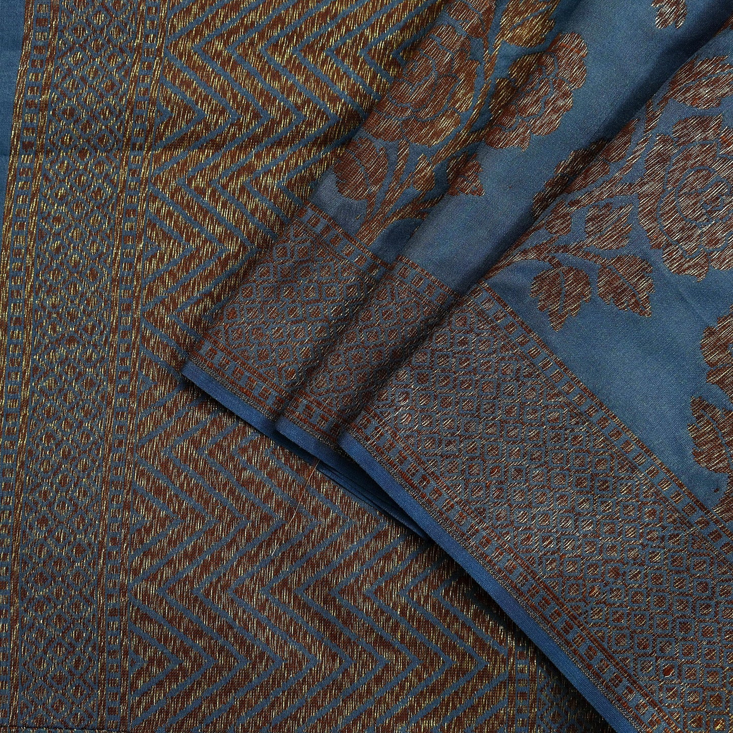 Indian Vintage Blue Dupatta Long Stole Artificial Silk Woven Brocade Scarves Veil Scarf Wrap Hippie Boho Soft Floral Fringes