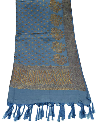 Indian Vintage Blue Dupatta Long Stole Artificial Silk Woven Brocade Scarves Veil Scarf Wrap Hippie Boho Soft Floral Fringes