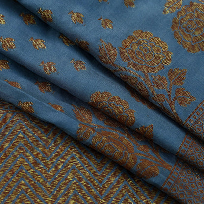 Indian Vintage Blue Dupatta Long Stole Artificial Silk Woven Brocade Scarves Veil Scarf Wrap Hippie Boho Soft Floral Fringes