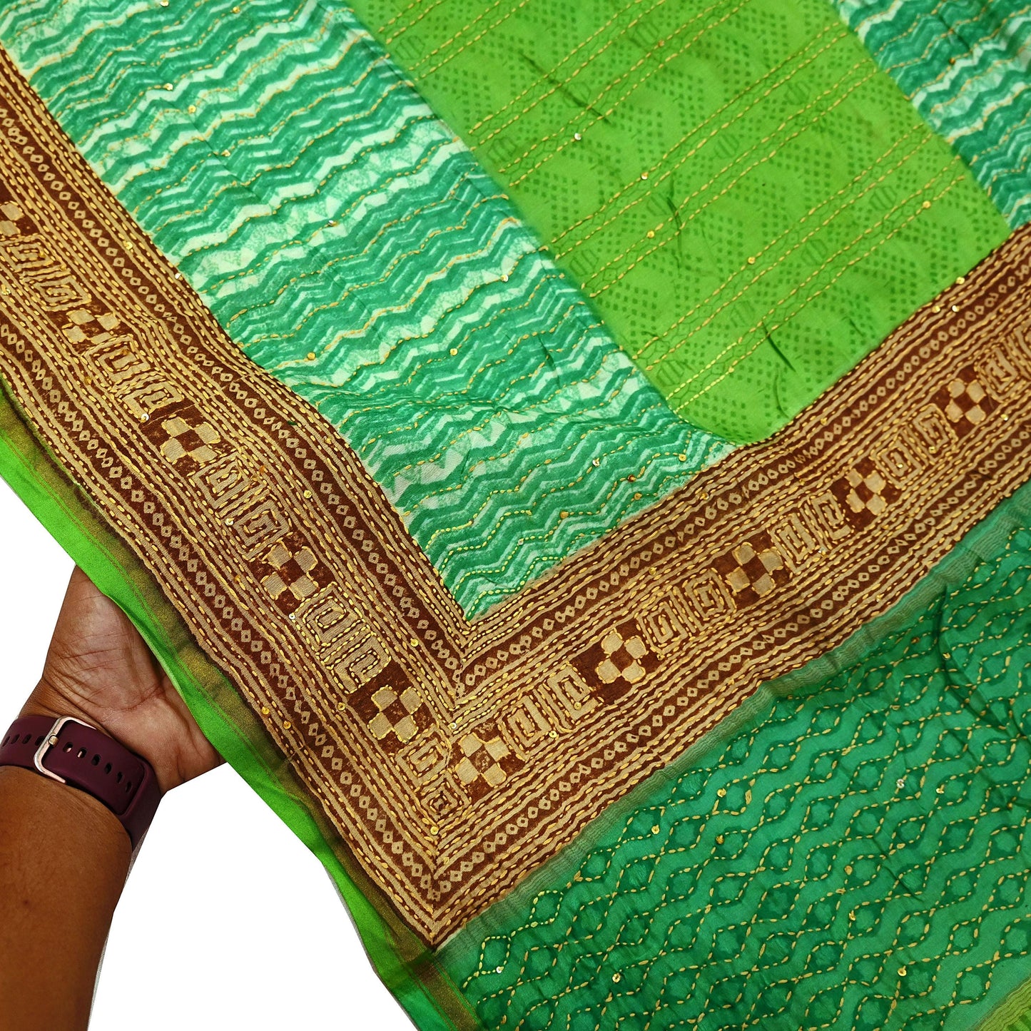 Vintage Kantha Embroidered Chanderi Scarf: Green Floral Zari Border
