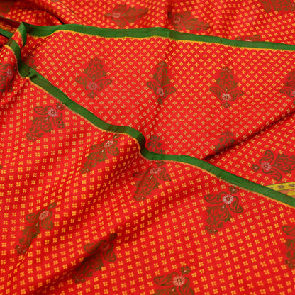 Vintage Handwoven Silk Saree, Red & Green Floral Fabric, 5.5 Yd