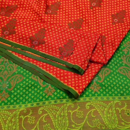 Vintage Handwoven Silk Saree, Red & Green Floral Fabric, 5.5 Yd
