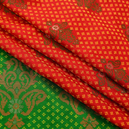 Vintage Handwoven Silk Saree, Red & Green Floral Fabric, 5.5 Yd