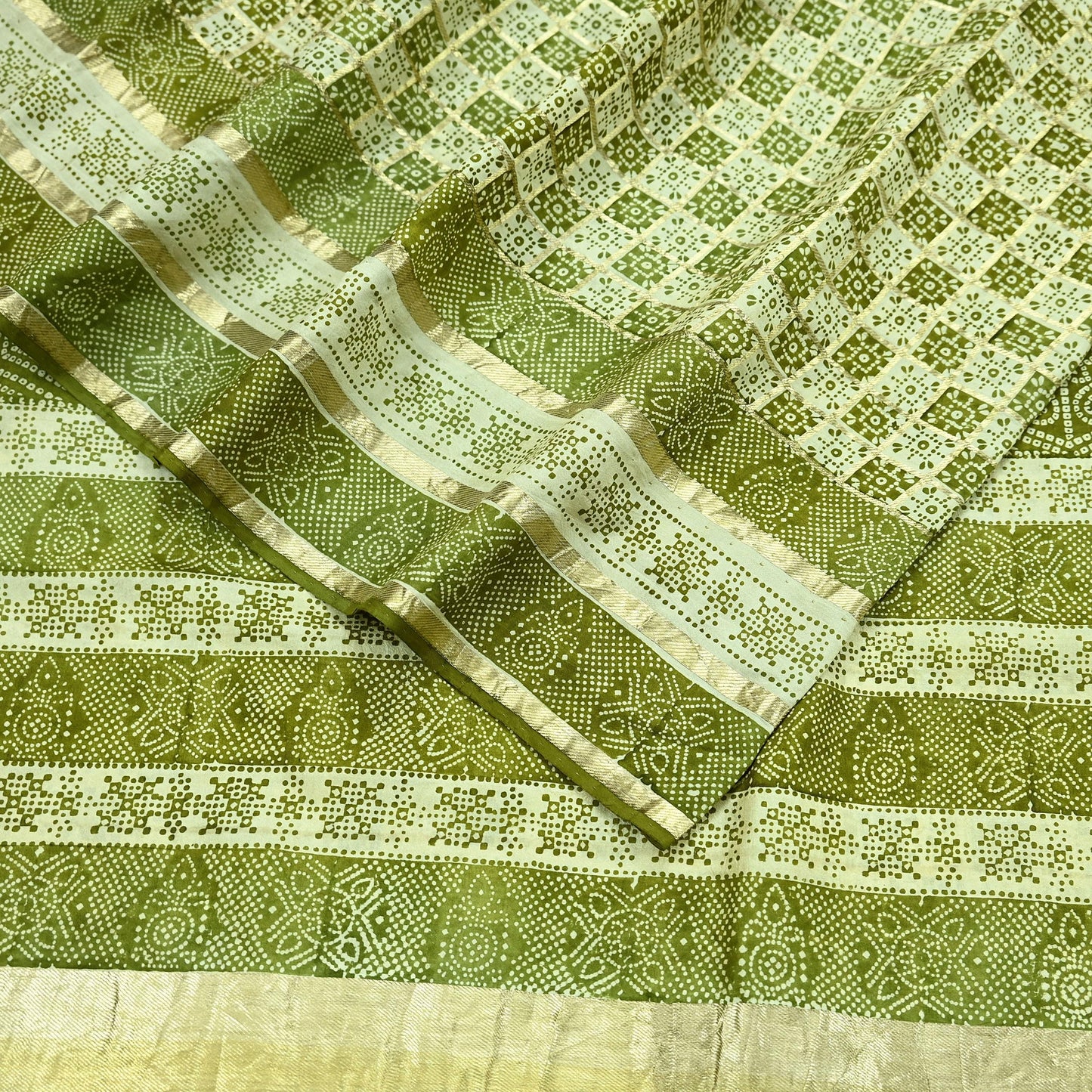 Indian Vintage Sari Green & Ivory Pure Silk Hand Woven Bandhani Gharchola Sarees 5yd Craft Fabric Sewing Zari Ethnic Bollywood sarees
