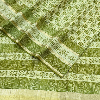 Indian Vintage Sari Green & Ivory Pure Silk Hand Woven Bandhani Gharchola Sarees 5yd Craft Fabric Sewing Zari Ethnic Bollywood sarees