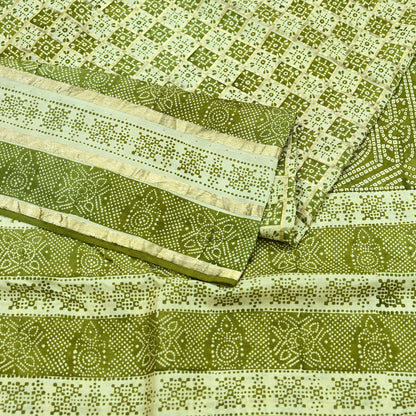 Indian Vintage Sari Green & Ivory Pure Silk Hand Woven Bandhani Gharchola Sarees 5yd Craft Fabric Sewing Zari Ethnic Bollywood sarees