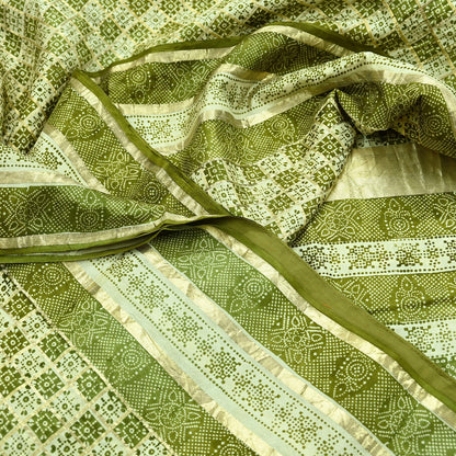 Indian Vintage Sari Green & Ivory Pure Silk Hand Woven Bandhani Gharchola Sarees 5yd Craft Fabric Sewing Zari Ethnic Bollywood sarees