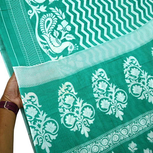 Indian Vintage Sari Green & White Printed Pure Cotton Sarees 5Yd Craft Fabric Soft Sewing Sarong Wrap Boho Upcycle quilting Dress making