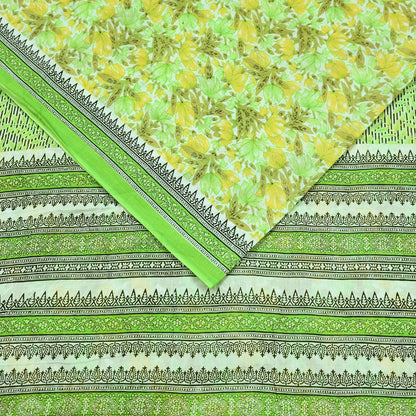 Indian Vintage Sari Green & White Printed Pure Cotton Sarees 5Yd Craft Fabric Soft Sewing Sarong Wrap Boho Upcycle quilting Dress making