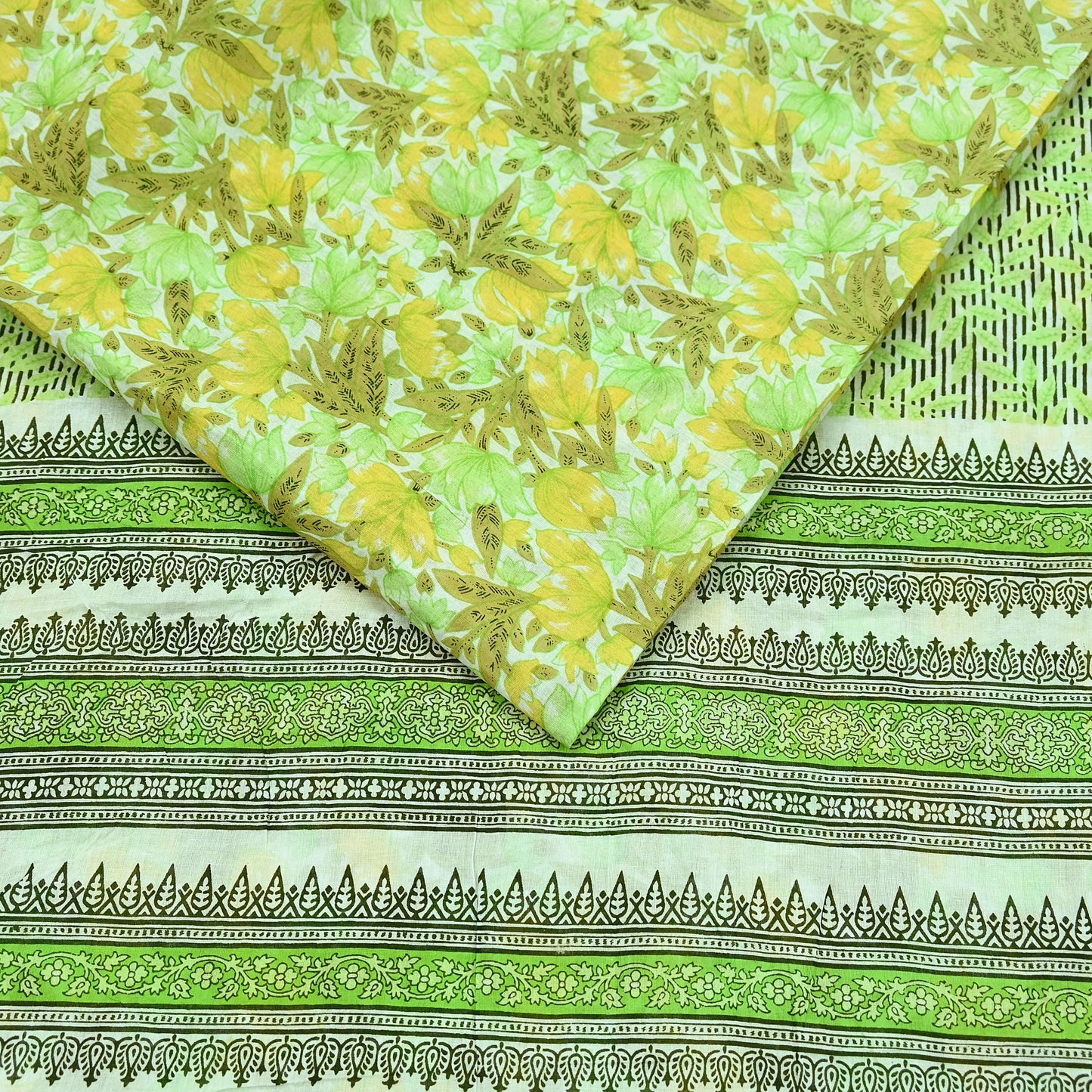 Indian Vintage Sari Green & White Printed Pure Cotton Sarees 5Yd Craft Fabric Soft Sewing Sarong Wrap Boho Upcycle quilting Dress making