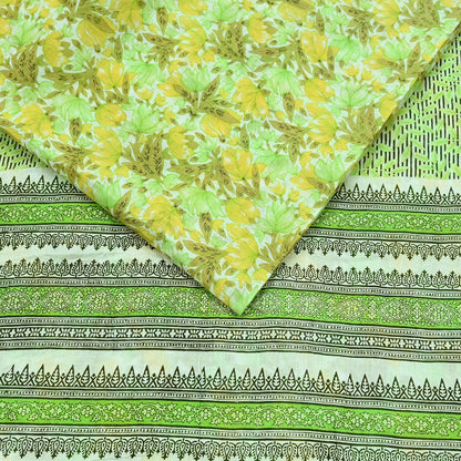 Indian Vintage Sari Green & White Printed Pure Cotton Sarees 5Yd Craft Fabric Soft Sewing Sarong Wrap Boho Upcycle quilting Dress making