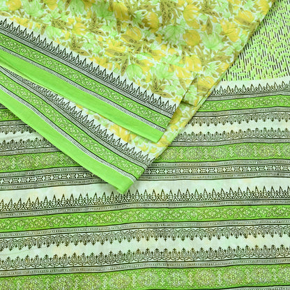 Indian Vintage Sari Green & White Printed Pure Cotton Sarees 5Yd Craft Fabric Soft Sewing Sarong Wrap Boho Upcycle quilting Dress making