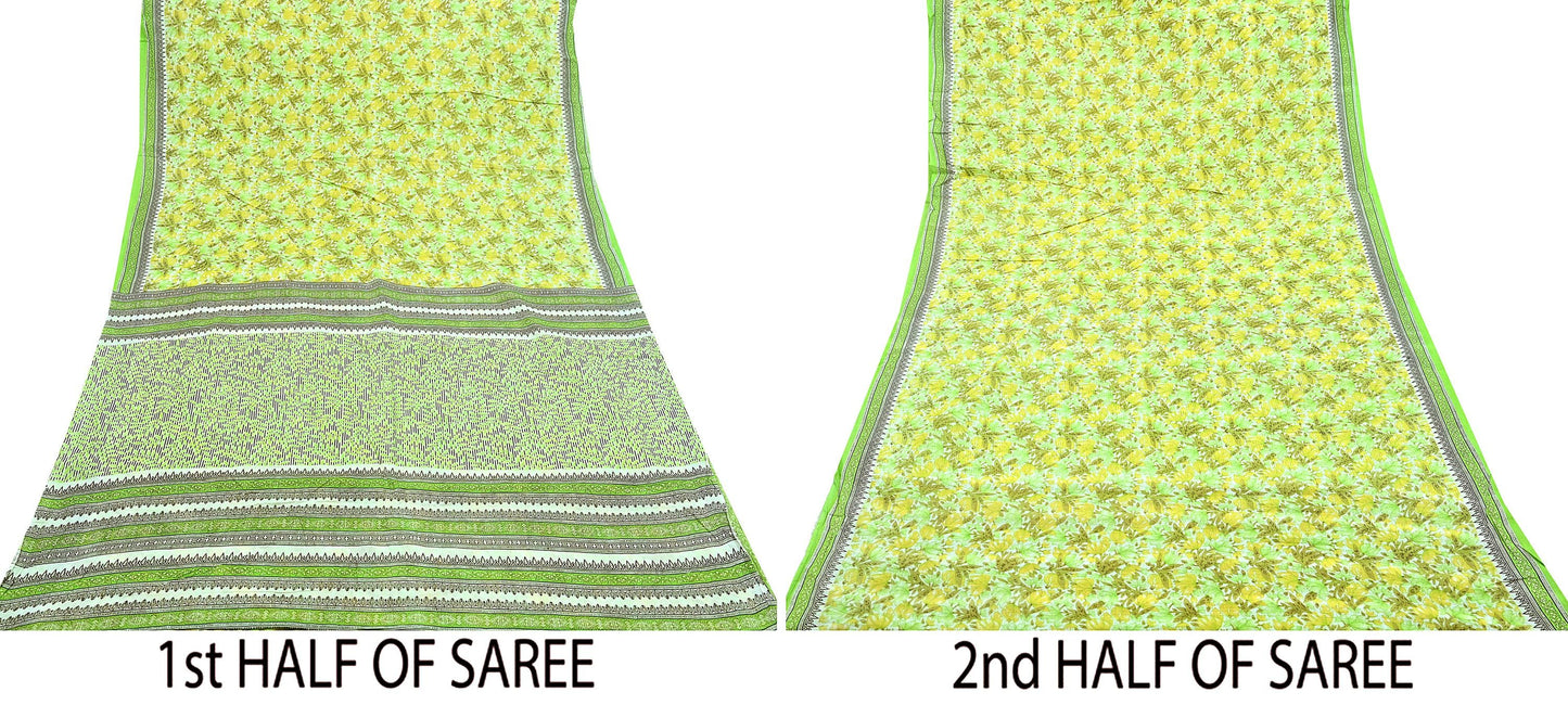 Indian Vintage Sari Green & White Printed Pure Cotton Sarees 5Yd Craft Fabric Soft Sewing Sarong Wrap Boho Upcycle quilting Dress making