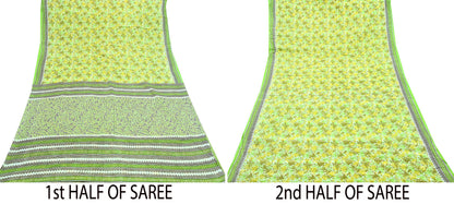 Indian Vintage Sari Green & White Printed Pure Cotton Sarees 5Yd Craft Fabric Soft Sewing Sarong Wrap Boho Upcycle quilting Dress making