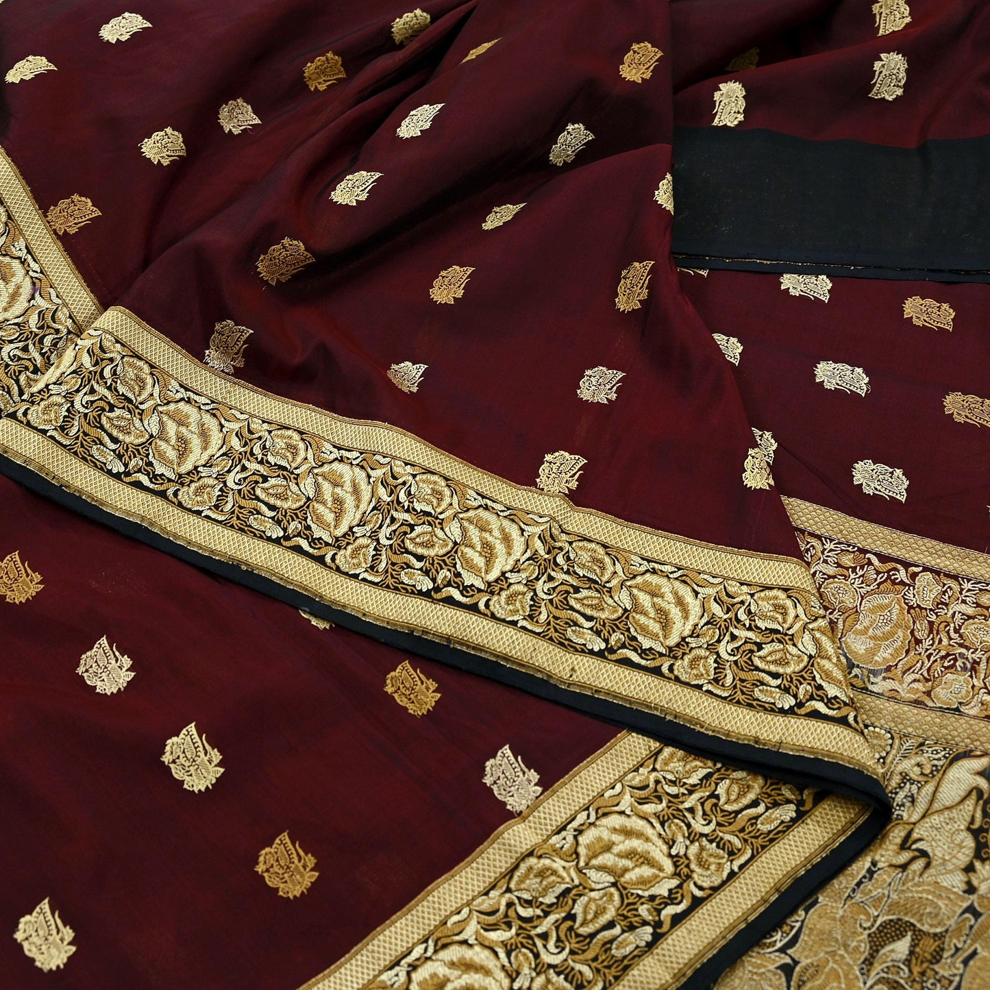 Indian Vintage Sari Black & Maroon 100% Pure Silk Hand Woven Sarees Craft Fabric 5Yd Ethnic Sewing Dress making Crafting Quilting Upcycle