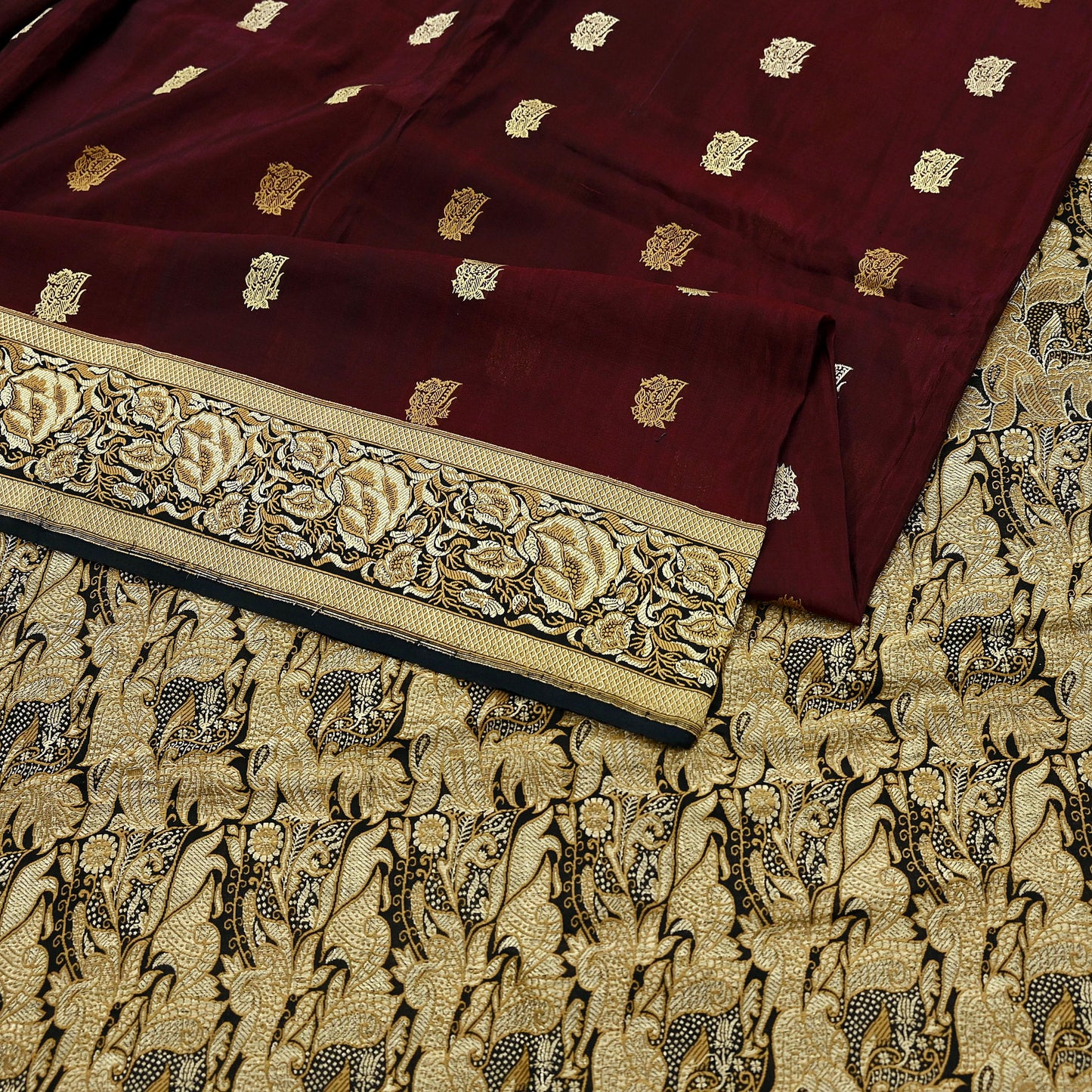Indian Vintage Sari Black & Maroon 100% Pure Silk Hand Woven Sarees Craft Fabric 5Yd Ethnic Sewing Dress making Crafting Quilting Upcycle