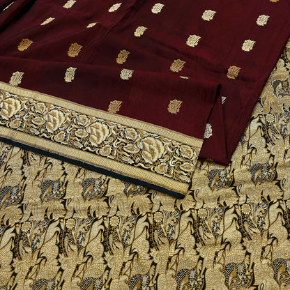 Indian Vintage Sari Black & Maroon 100% Pure Silk Hand Woven Sarees Craft Fabric 5Yd Ethnic Sewing Dress making Crafting Quilting Upcycle