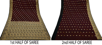 Indian Vintage Sari Black & Maroon 100% Pure Silk Hand Woven Sarees Craft Fabric 5Yd Ethnic Sewing Dress making Crafting Quilting Upcycle