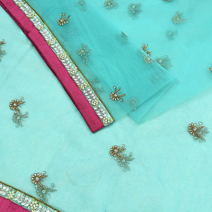 Indian Vintage Heavy Blue Dupatta Net Mesh Long Stole Hand Embroidered Scarves Golden Zardozi Zari Sequins Hijab Veil wrap Boho