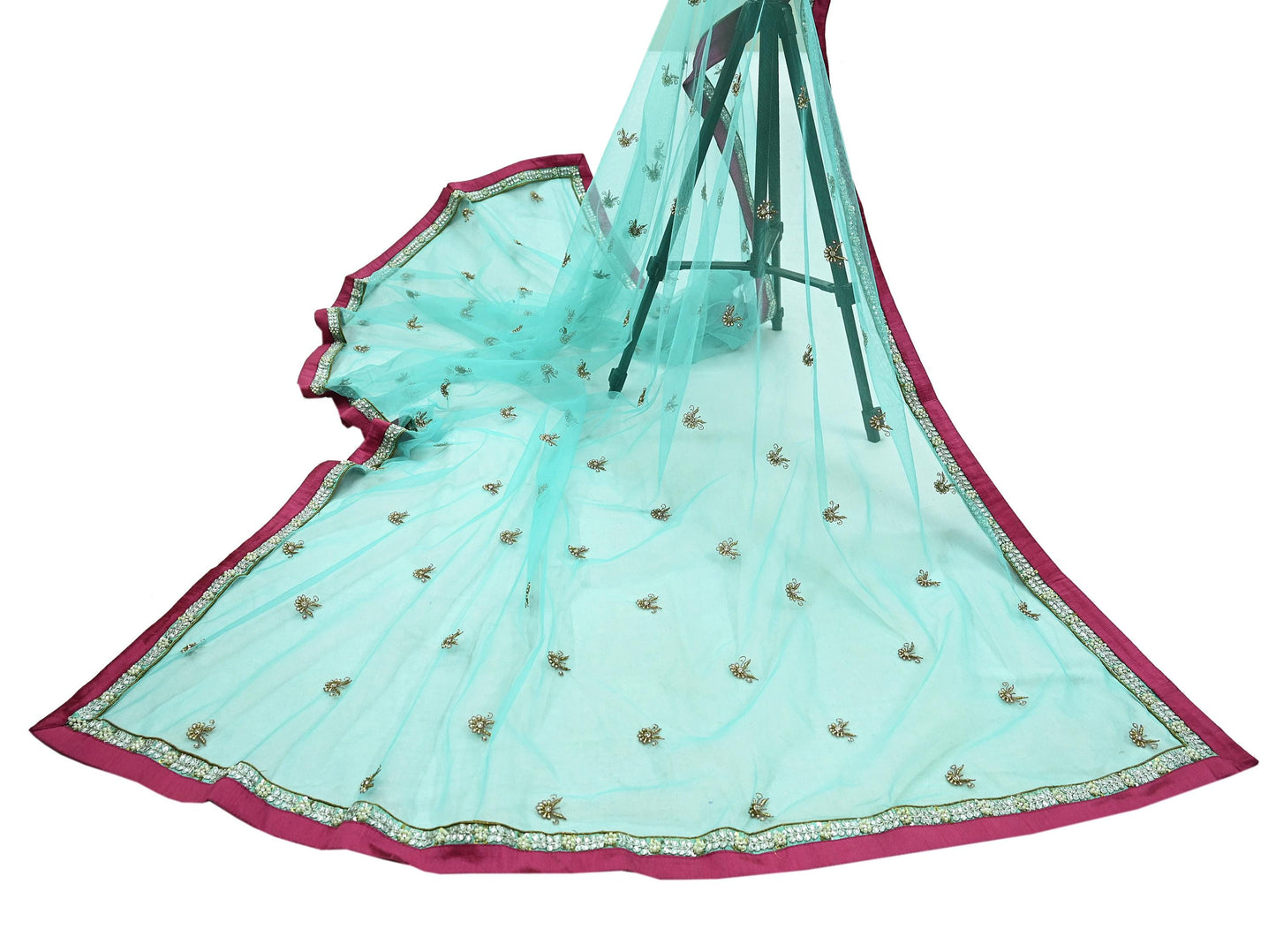 Indian Vintage Heavy Blue Dupatta Net Mesh Long Stole Hand Embroidered Scarves Golden Zardozi Zari Sequins Hijab Veil wrap Boho