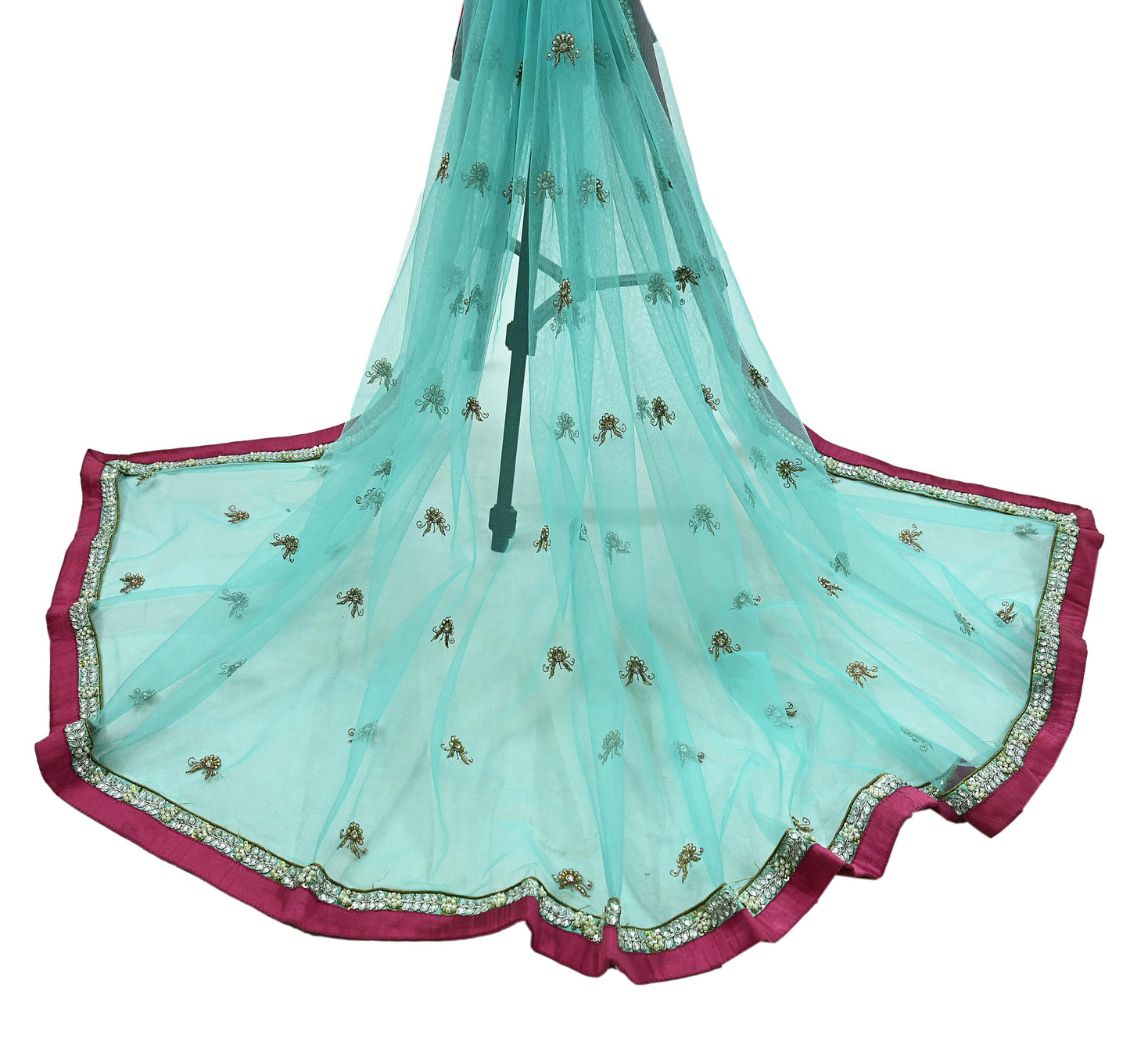 Indian Vintage Heavy Blue Dupatta Net Mesh Long Stole Hand Embroidered Scarves Golden Zardozi Zari Sequins Hijab Veil wrap Boho