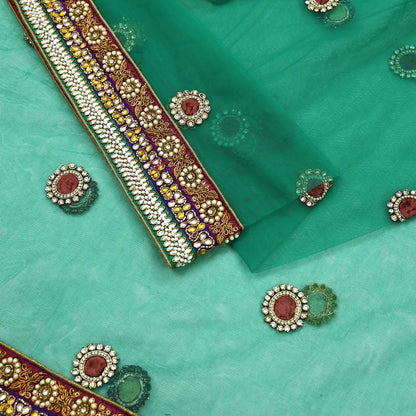 Indian Vintage Heavy Bridal Green Net Dupatta | Hand Embroidered Zardozi Zari Sequins Stole | Floral Design Hijab Veil | Wedding/Party Wear