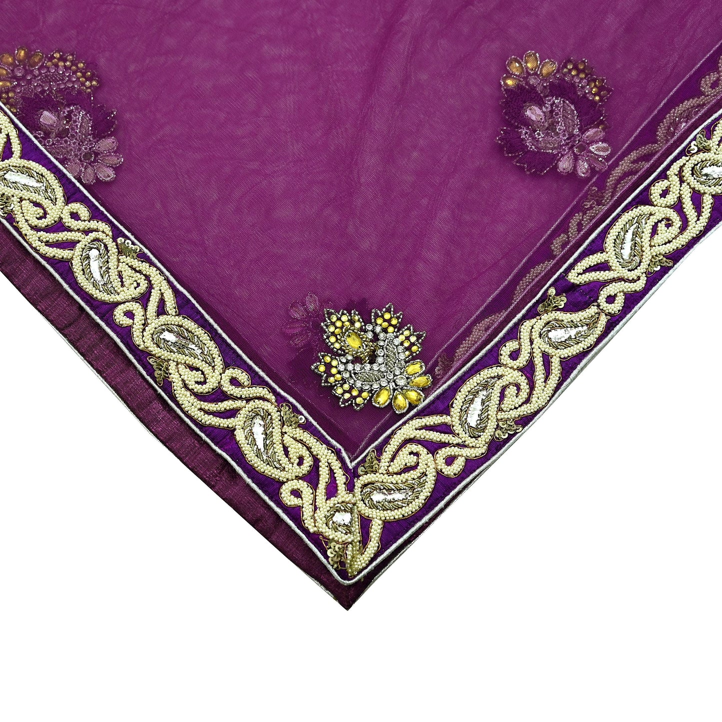 Indian Vintage Heavy Wedding Purple Dupatta Net Mesh Long Stole Hand Embroidered Scarves Golden Zardozi Dabka Zari Stole