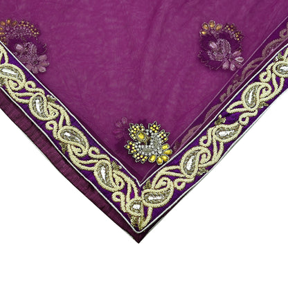Indian Vintage Heavy Wedding Purple Dupatta Net Mesh Long Stole Hand Embroidered Scarves Golden Zardozi Dabka Zari Stole