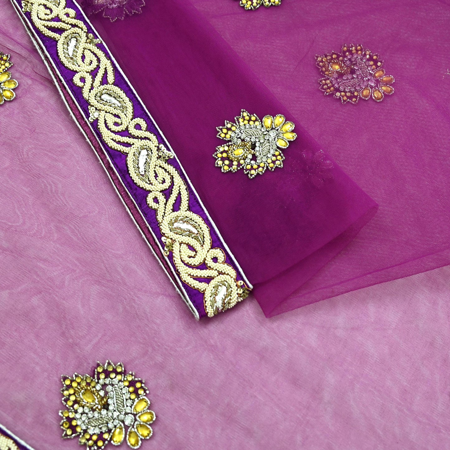 Indian Vintage Heavy Wedding Purple Dupatta Net Mesh Long Stole Hand Embroidered Scarves Golden Zardozi Dabka Zari Stole