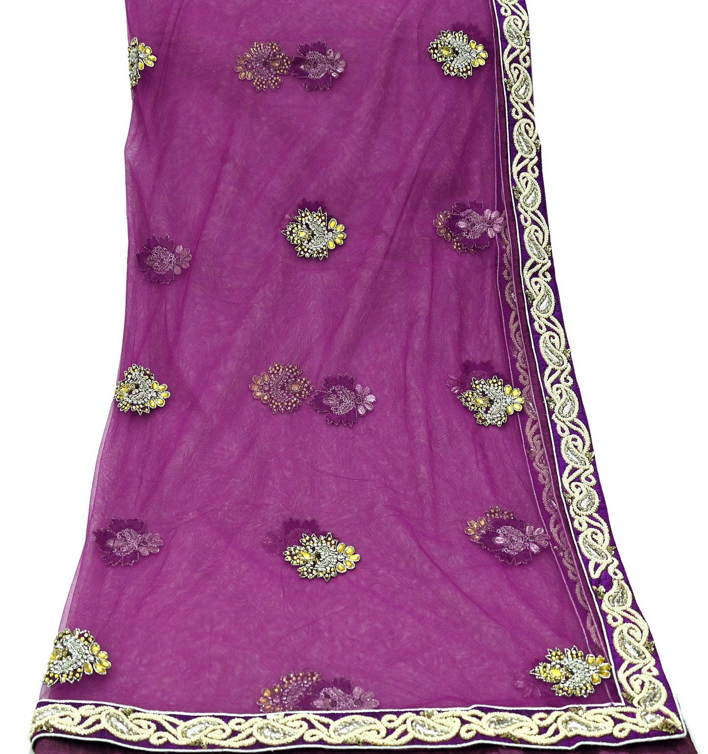 Indian Vintage Heavy Wedding Purple Dupatta Net Mesh Long Stole Hand Embroidered Scarves Golden Zardozi Dabka Zari Stole