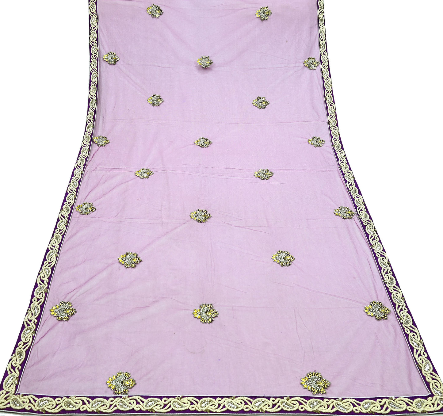 Indian Vintage Heavy Wedding Purple Dupatta Net Mesh Long Stole Hand Embroidered Scarves Golden Zardozi Dabka Zari Stole