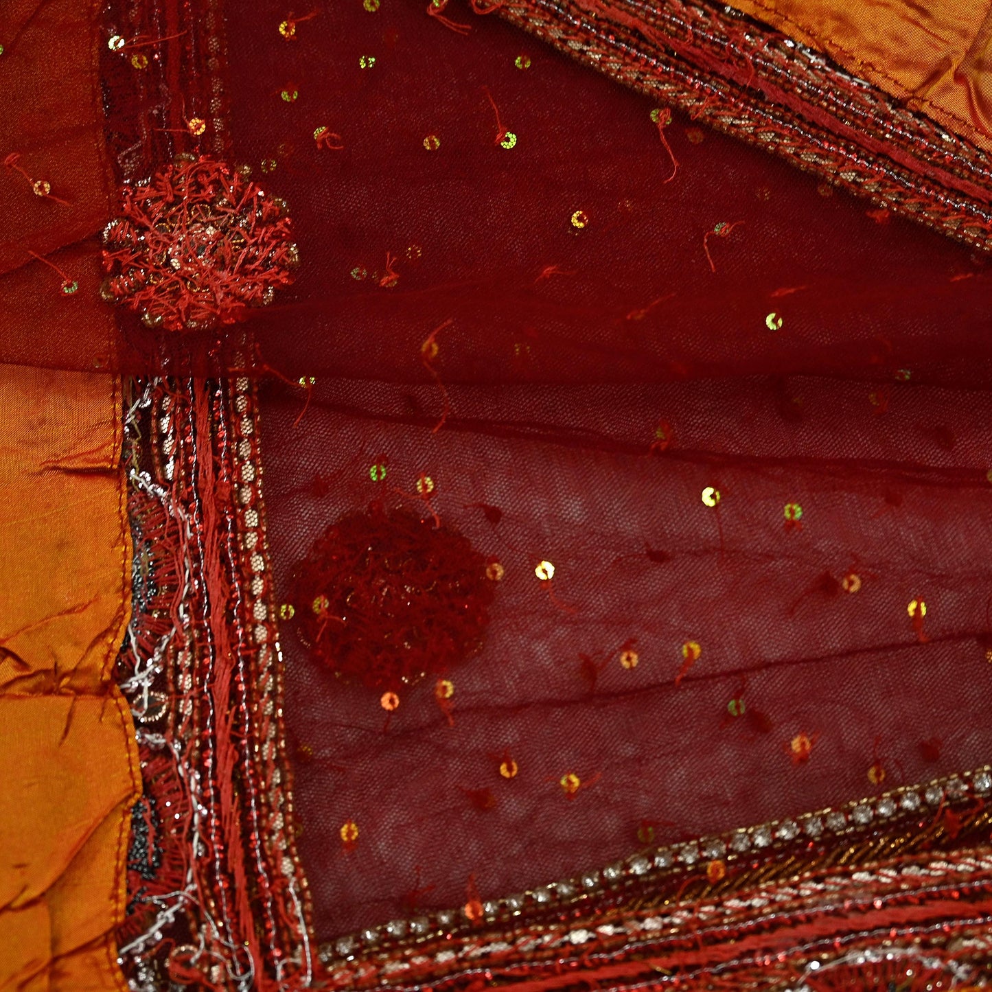 Indian Vintage Heavy Wedding Maroon Dupatta Net Mesh Long Stole Hand Embroidered Scarves Golden Zardozi Zari Sequins Dridal Veil Hijab