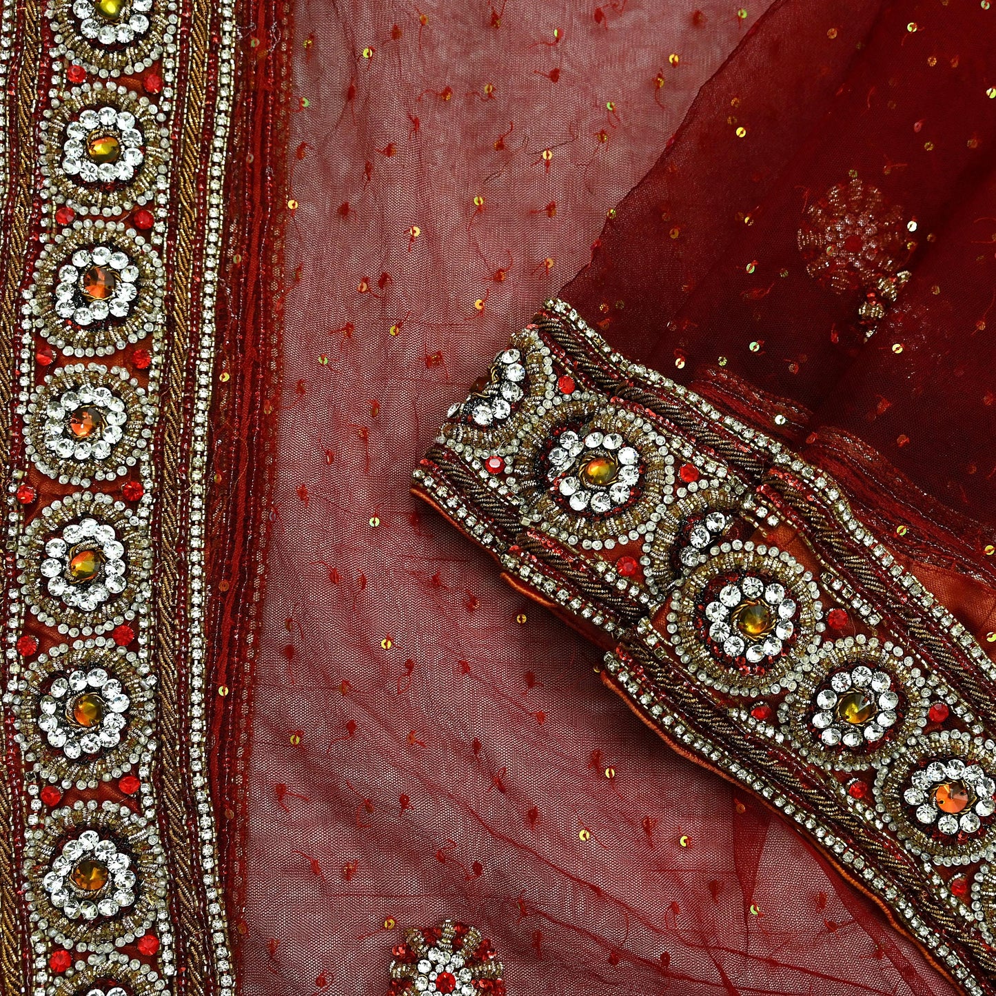 Indian Vintage Heavy Wedding Maroon Dupatta Net Mesh Long Stole Hand Embroidered Scarves Golden Zardozi Zari Sequins Dridal Veil Hijab
