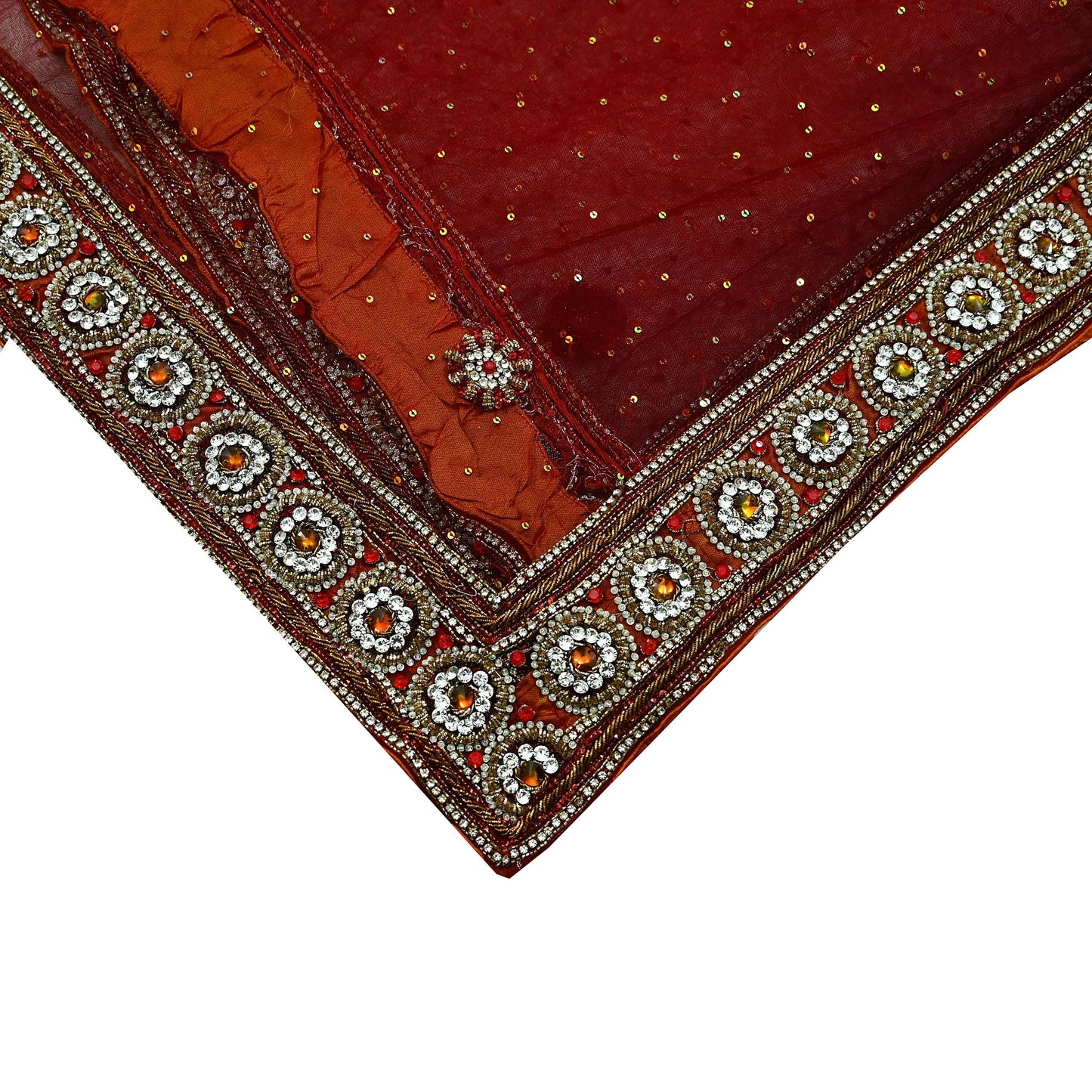 Indian Vintage Heavy Wedding Maroon Dupatta Net Mesh Long Stole Hand Embroidered Scarves Golden Zardozi Zari Sequins Dridal Veil Hijab